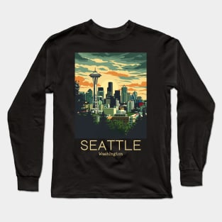 A Vintage Travel Illustration of Seattle - Washington - US Long Sleeve T-Shirt